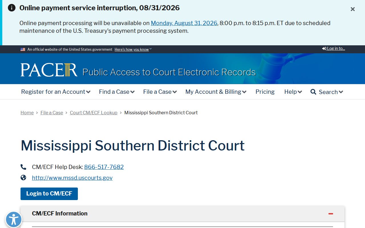 Yazoo County docket search Southern District PACER court lookup