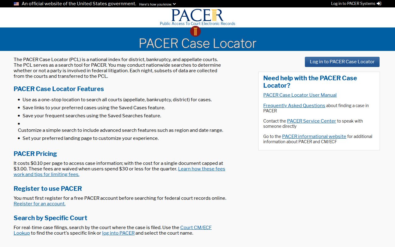 Yazoo County docket search PACER Case Locator page