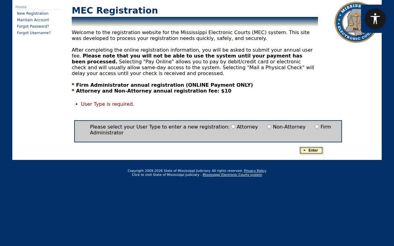Yazoo County docket search PAMEC registration page