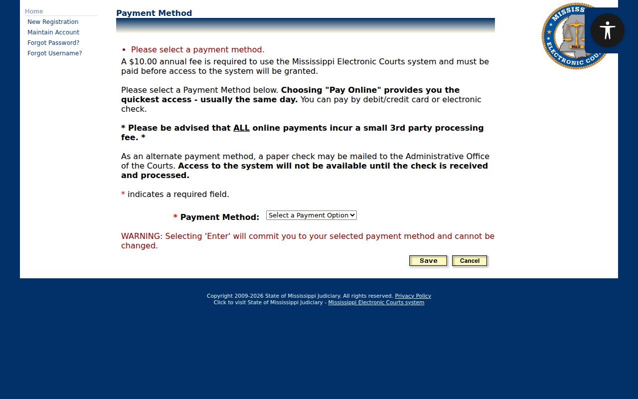 Yazoo County docket search PAMEC payment method page