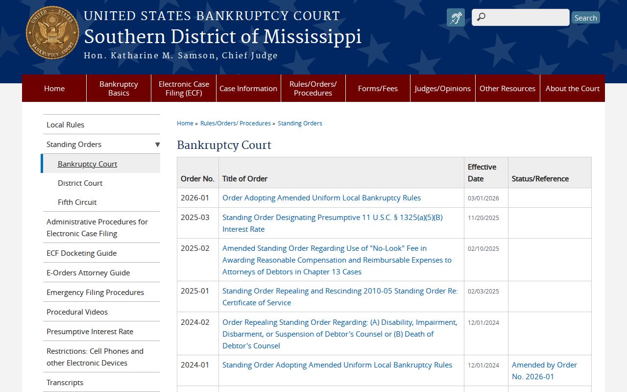 Yazoo County court schedule bankruptcy standing orders source