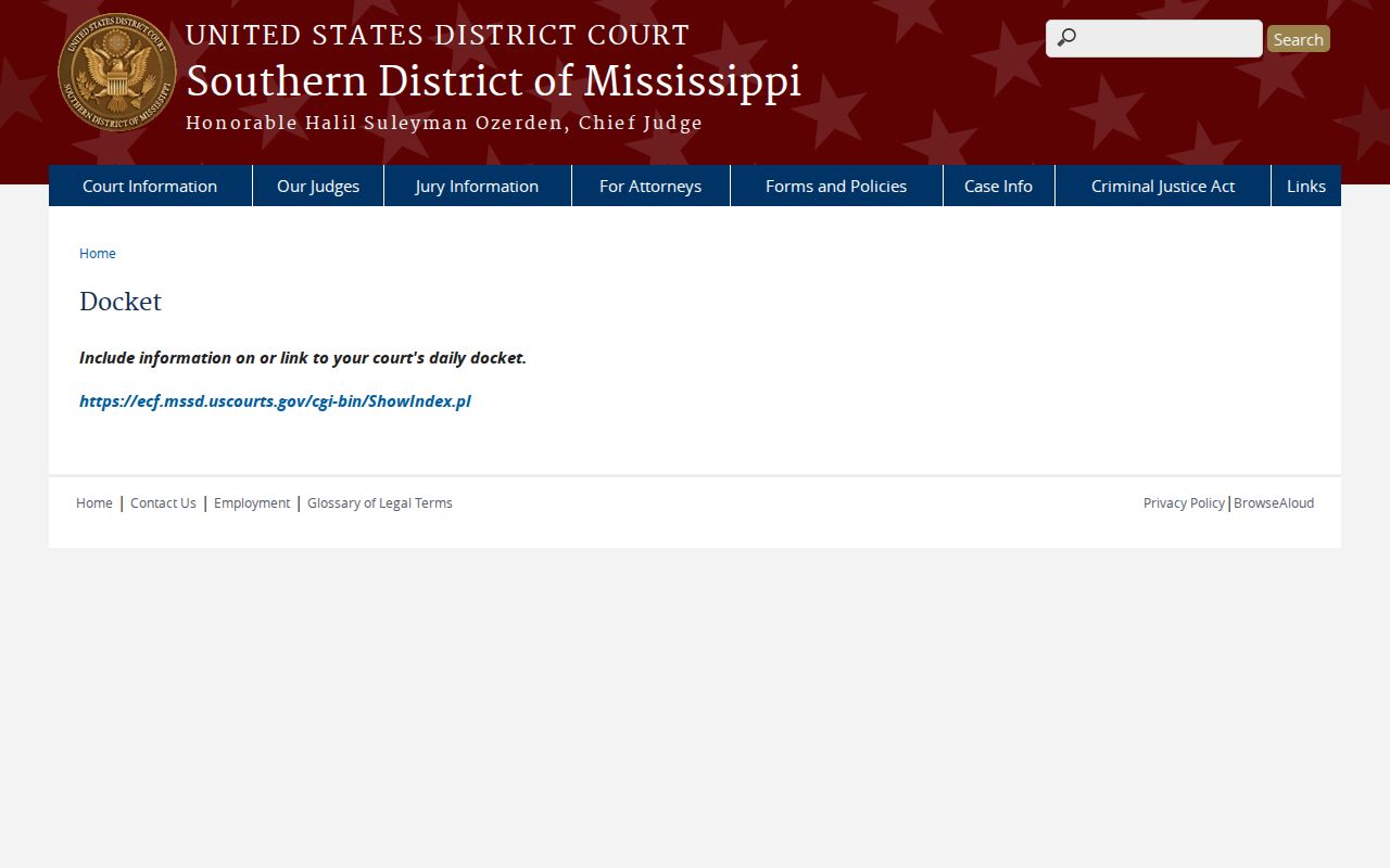 Yazoo County court schedule Southern District docket source