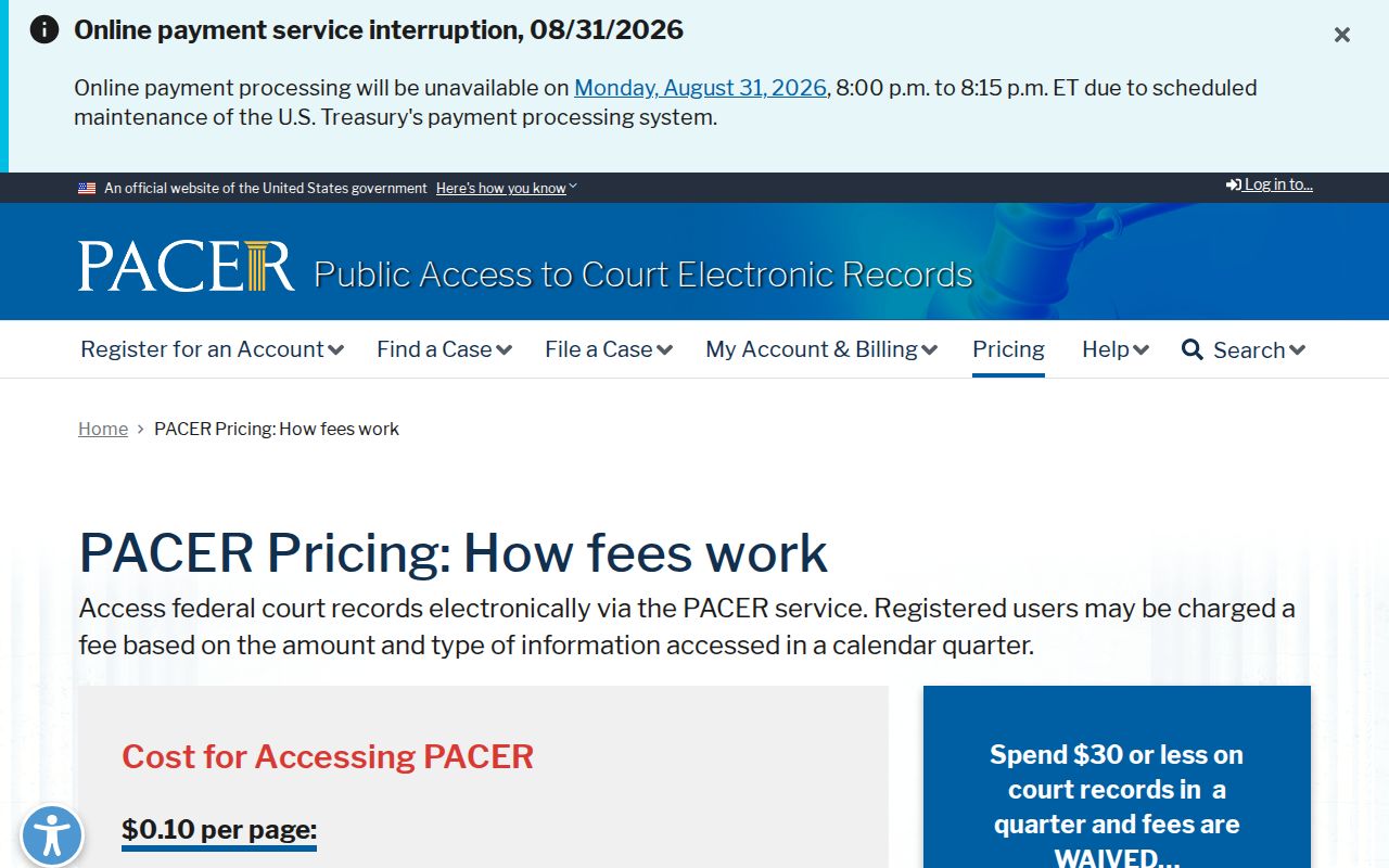Yazoo County federal court record PACER fee information