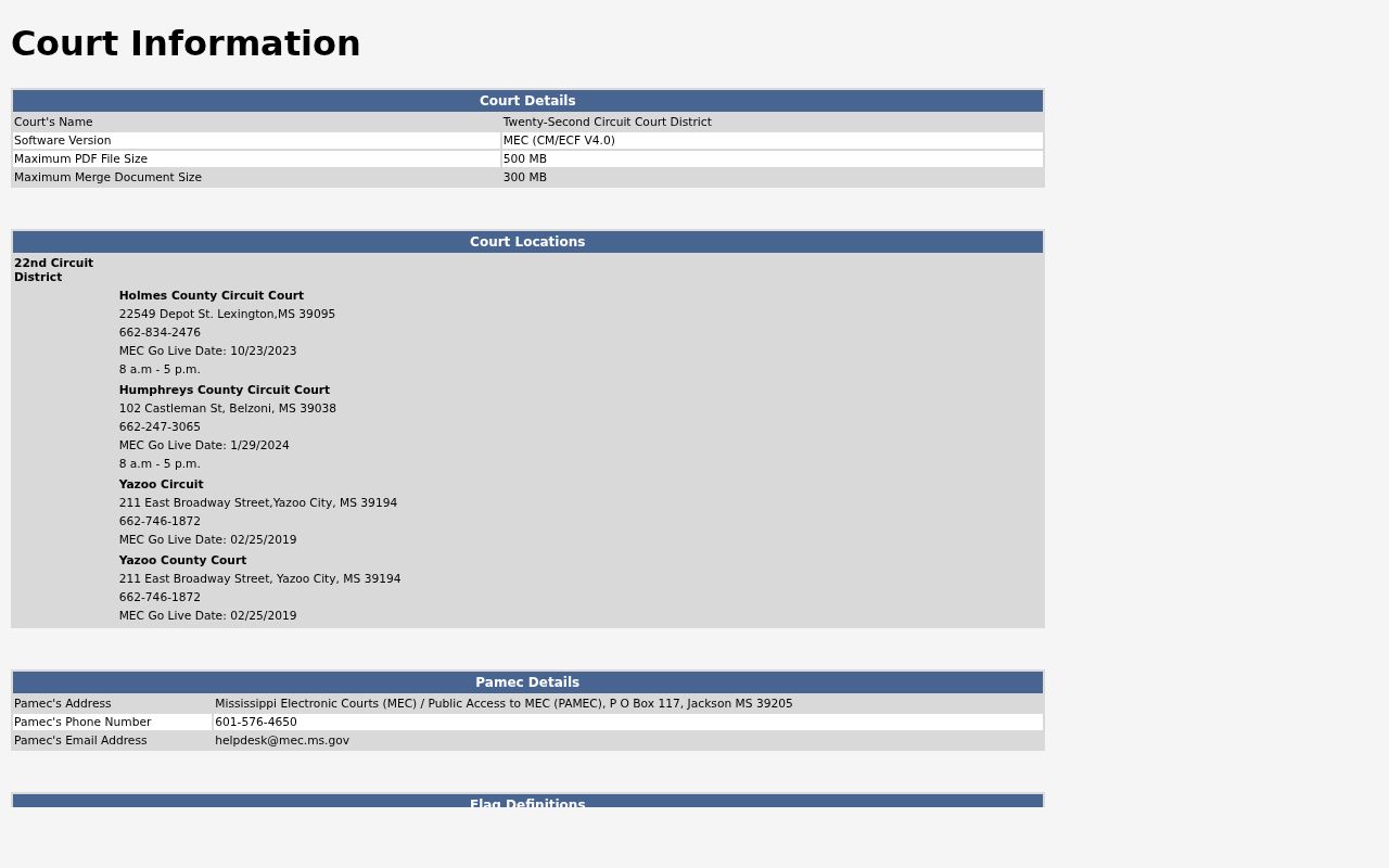 Yazoo County criminal court docket MEC Court Information page