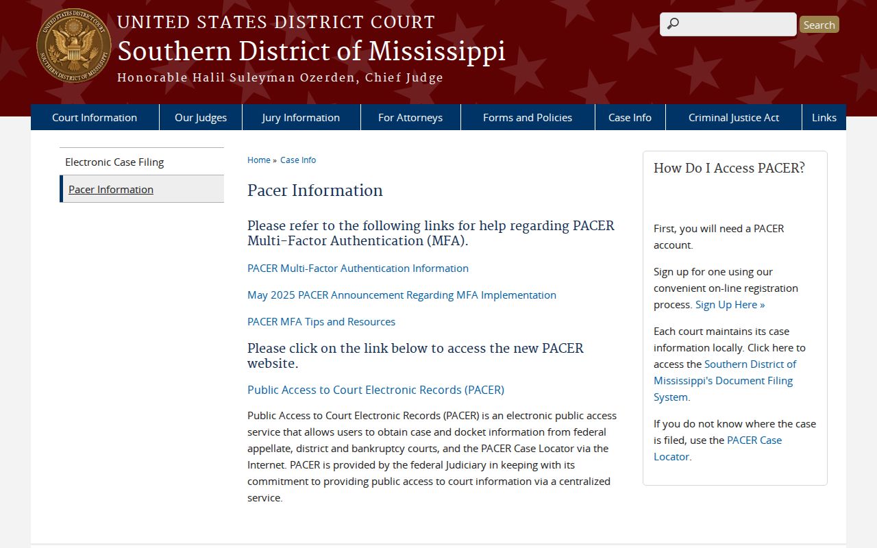 Yazoo County court docket PACER information page